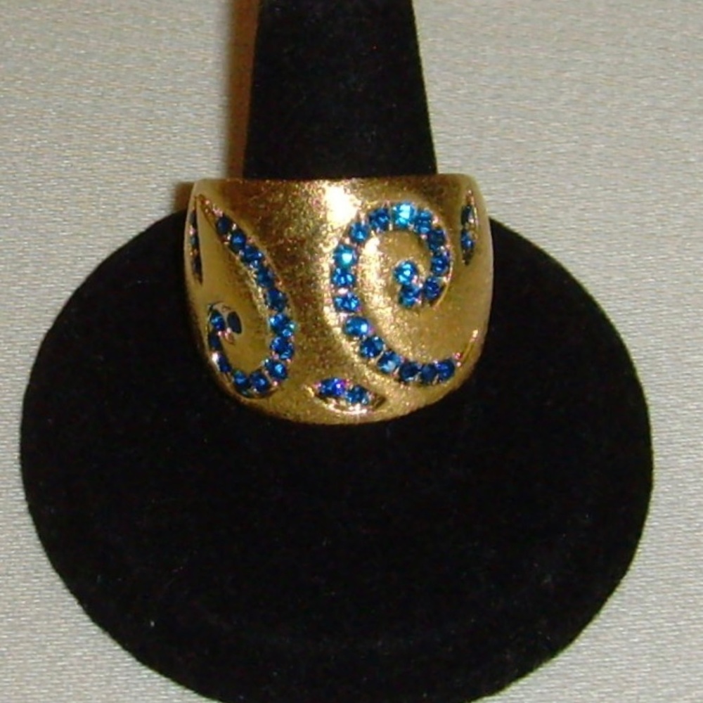 Blue Rhinestone and Satin Gold-Tone Band Style Ring